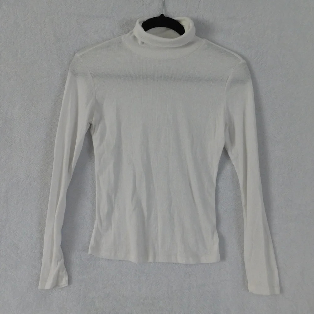 Active Basic Ribbed Turtleneck Long Sleeve Top Fitted Layering White‎ L